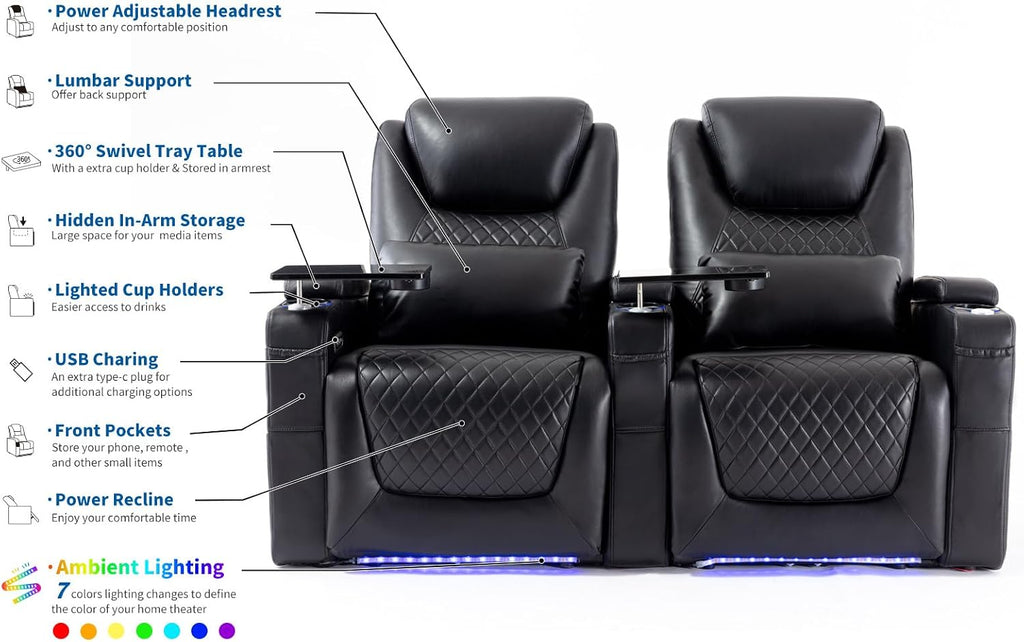 Airadlis Home Theater Seating Seats, Theater Recliner Chair Sofa Game Movie Theater Chairs with 7 Colors Ambient Lighting, Lumbar Pillow, Side Pocket, Tray Table, Power Recline, Black