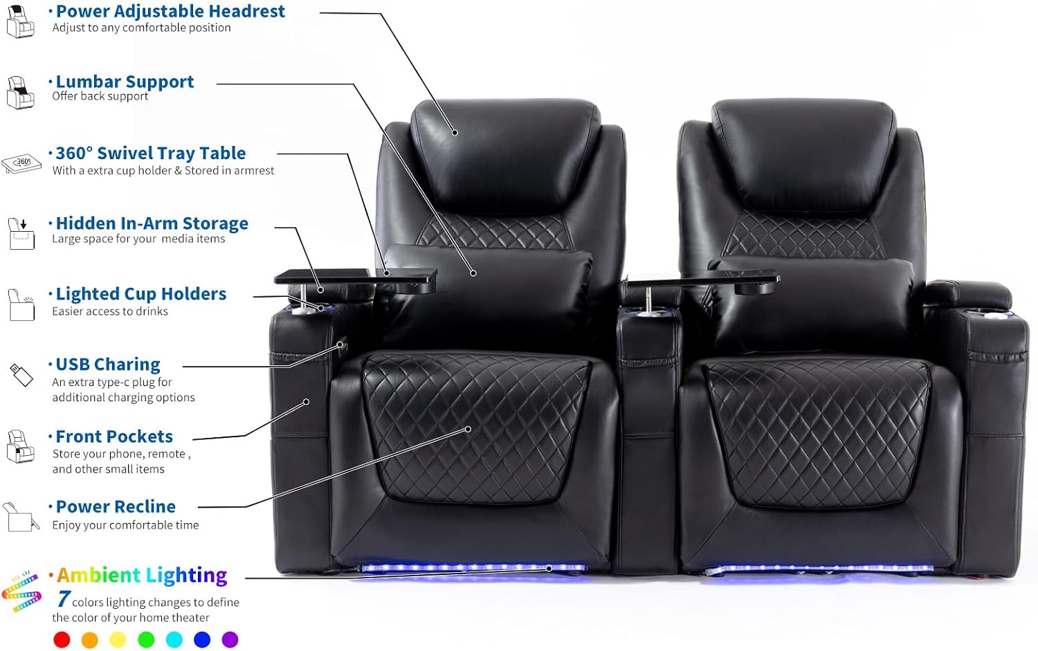 Airadlis Home Theater Seating Seats, Theater Recliner Chair Sofa Game Movie Theater Chairs with 7 Colors Ambient Lighting, Lumbar Pillow, Side Pocket, Tray Table, Power Recline, Black