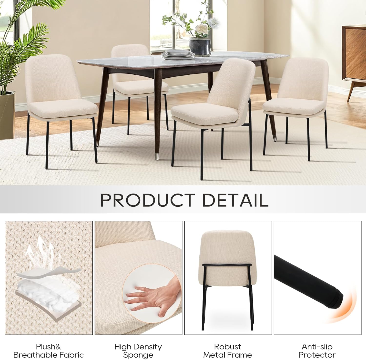 MALOL Dining Chairs Set of 6, Modern Dining Chairs, Fabric Upholstered Dining Chairs, Kitchen Chairs with Curved Back and Metal Legs for Dining Room Kitchen Restaurant, Beige