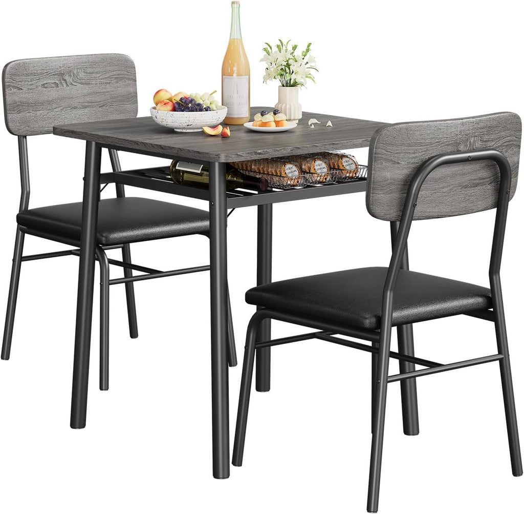 IDEALHOUSE Small Dining Table Set for 2, 3-Piece Dining Set with Storage Rack, Wood Kitchen Table with Upholstered Chairs, Square Table Set with Metal Legs Support, for Dining Room, Living Room, Grey