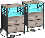 AMHANCIBLE Nightstands Set of 2 with Charging Station and LED Lights | Large Bedside Tables with USB Ports and AC Outlets, 2 Fabric Drawers, Modern Night Stand for Bedroom, Grey