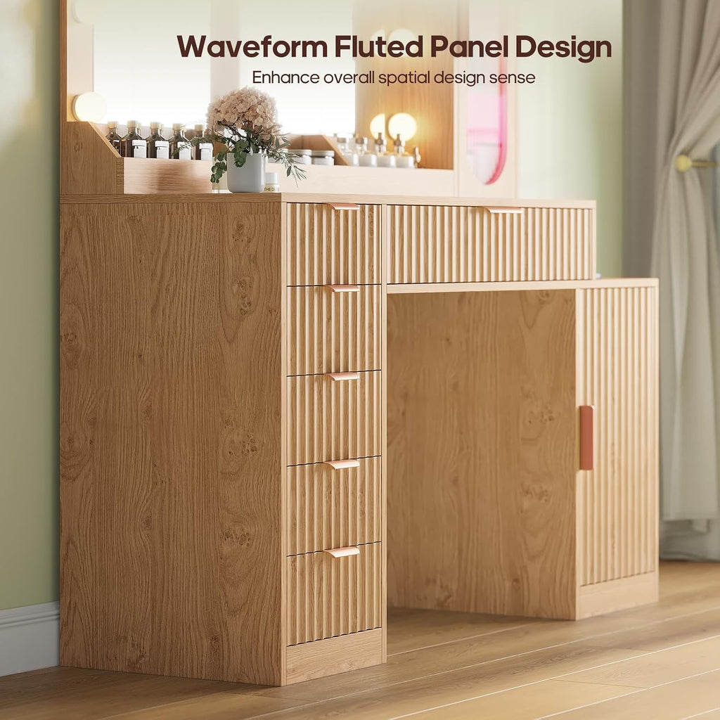 BTHFST Fluted Wood Vanity Desk with Large 31.5" Mirror and Lights, Oak | 46.1" Makeup Vanity with Charging Station, Glass Cabinet with RGB Lights, Dressing Table with 6 Drawers & Cabinet & Shelves