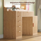 BTHFST Fluted Wood Vanity Desk with Large 31.5" Mirror and Lights, Oak | 46.1" Makeup Vanity with Charging Station, Glass Cabinet with RGB Lights, Dressing Table with 6 Drawers & Cabinet & Shelves
