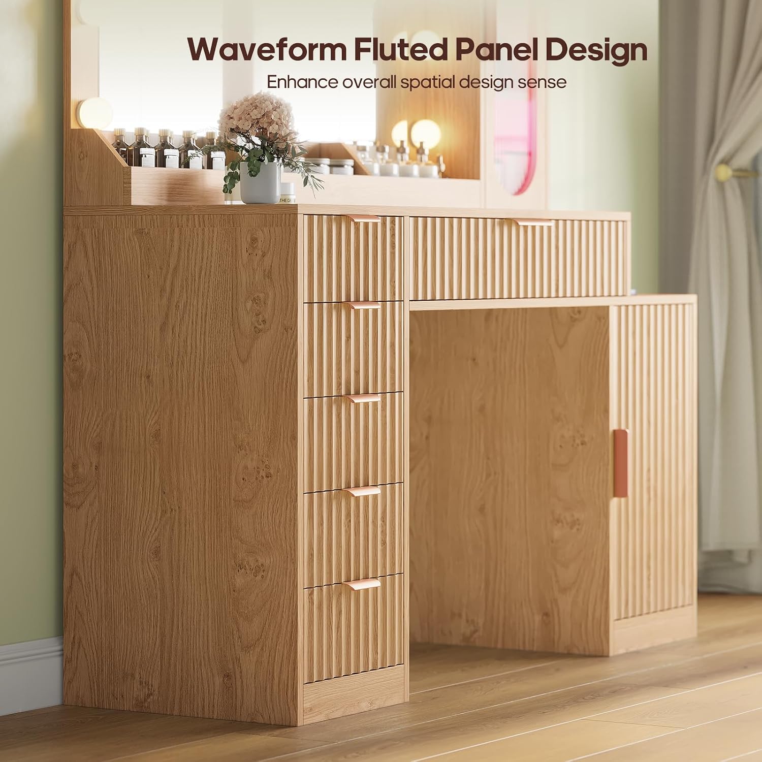 BTHFST Fluted Wood Vanity Desk with Large 31.5" Mirror and Lights, Oak | 46.1" Makeup Vanity with Charging Station, Glass Cabinet with RGB Lights, Dressing Table with 6 Drawers & Cabinet & Shelves