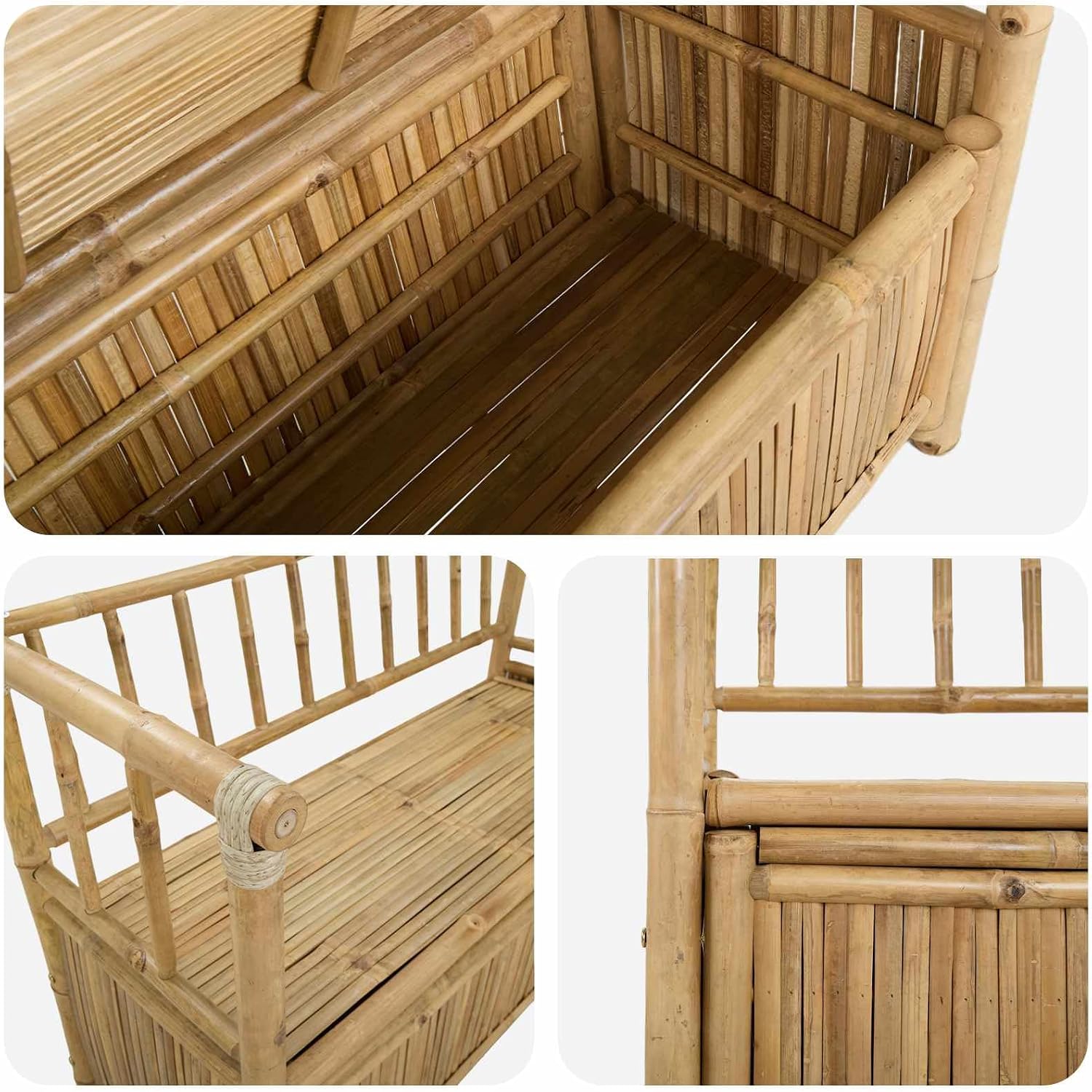 Bamboo Garden Storage Bench, 43 Inch Outdoor Patio Seating with Under Seat Hidden Compartment, Natural Wood Entryway Bench for Sunroom Backyard and Porch