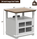 HIFYOBRO 24''Tall White End Table with Charging Station, Adjustable Shelf & Storage, 21" Large Side Table, Modern Farmhouse Nightstand for Bedroom, Living Room, Office