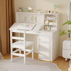 MOUMON Drafting Table and Chair Set, Artist Desk with 0-40° Tilting Top and Hutch, Solid Wood Legs, Drawer and Storage Cabinet, White 43.3”W x 18.9”D x 40.2”H