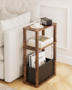 Narrow Side Table, 3-Tier Night Stand with Storage Bag, Skinny Nightstand for Small Spaces, Wooden Bedside Table for Living Room, Bedroom, Rustic Brown