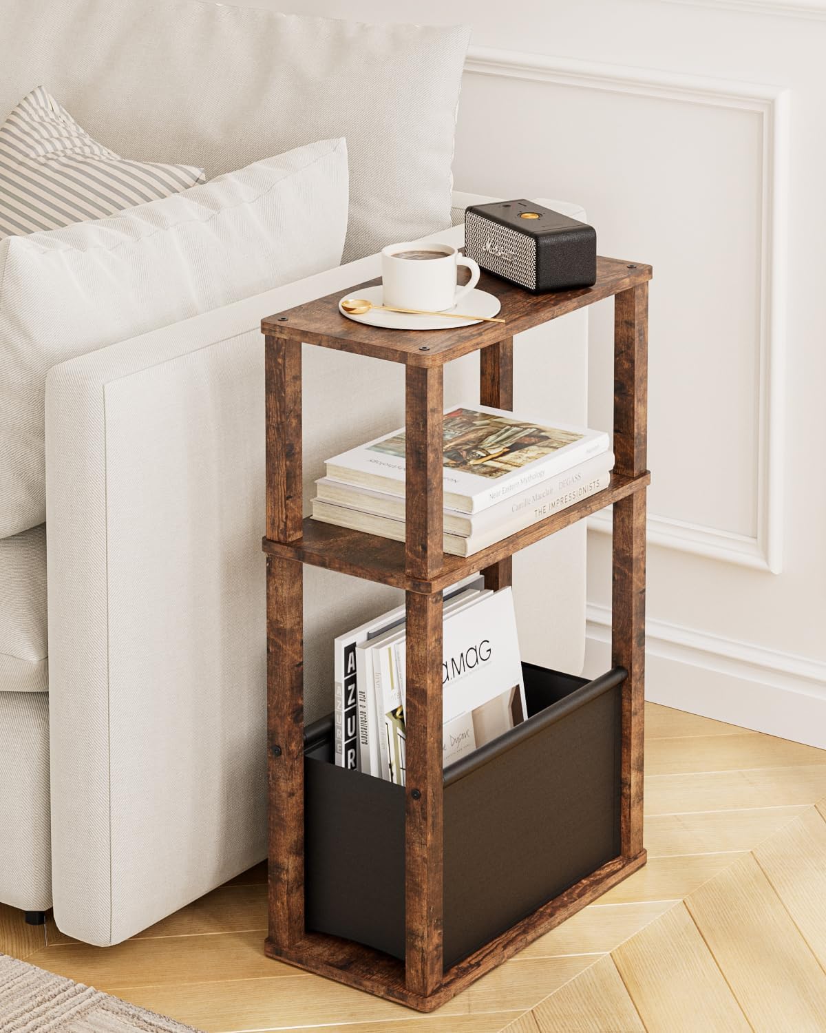 Narrow Side Table, 3-Tier Night Stand with Storage Bag, Skinny Nightstand for Small Spaces, Wooden Bedside Table for Living Room, Bedroom, Rustic Brown