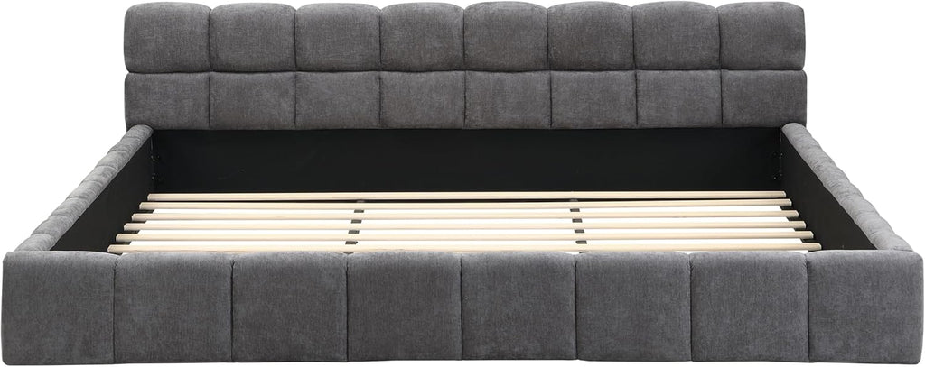 Merax King Size Elegant Chenille Upholstered Platform Bed with Thick Headboard and Footboard, Block Style Upholstery Grounded Bed Frame, Gray