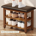 Shoe Bench with Leather Cushion,Wood Bench with Shoe Rack,2-Tier Shoe Storage Organizer for Entryway,Hallway,Living Room (2-Tier-23.6", Rubberwood)