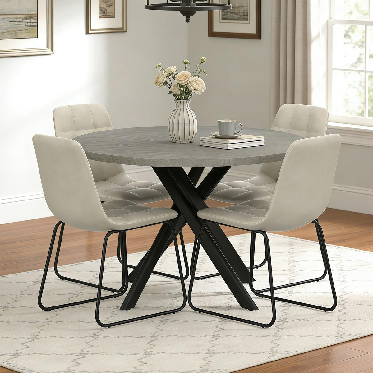 44" Round Dining Table Set for 4, Modern X-Shaped Metal Leg Table | Cushioned Cozy Beige Chairs of 4, Mid-Century Gray Tabletop, Dinette set for Kitchen, Dining Room & Apartments