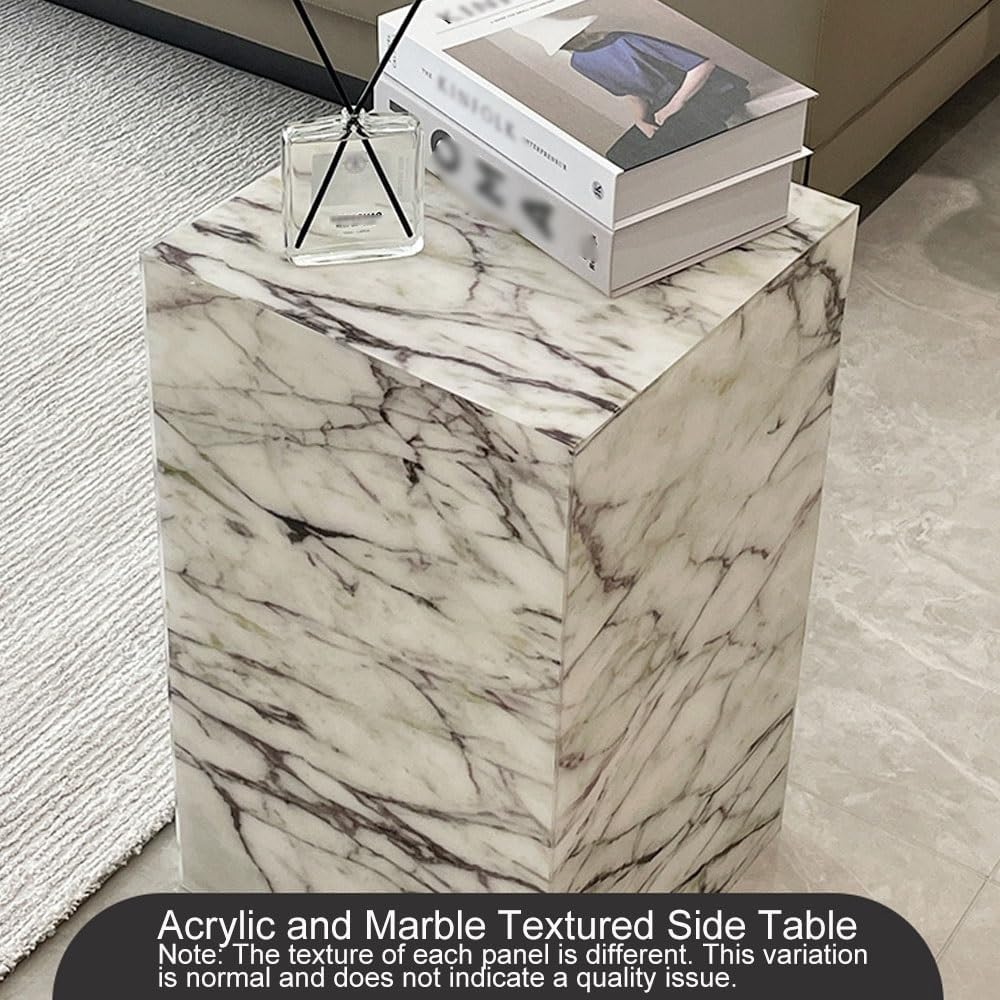 Cube Side Table, Floor-Standing End Table, Imitation Marble Texture Coffee Table, Acrylic Pedestal Stand Couch Table, Modern Display Stand for Sofa, Living Room, Entrance(30cm(11.8in))