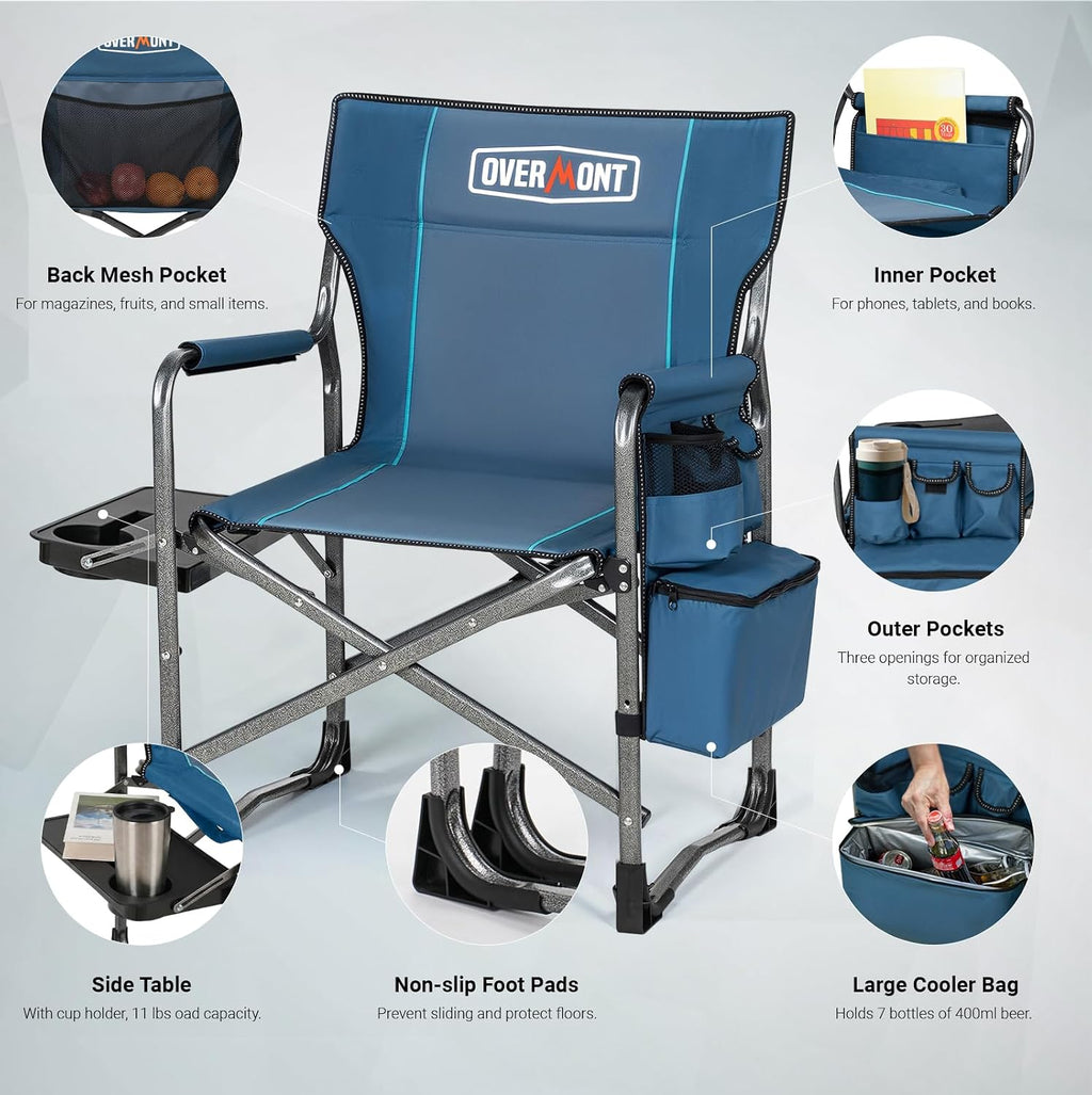 Overmont Folding Camping Chair with Side Table, Cooler Bag, 400 lb Capacity | Oversized Directors Chair for Lawn, Beach, Picnics and Fishing, 600D Oxford, 11.8 lb, Shoulder Strap and Storage Pockets