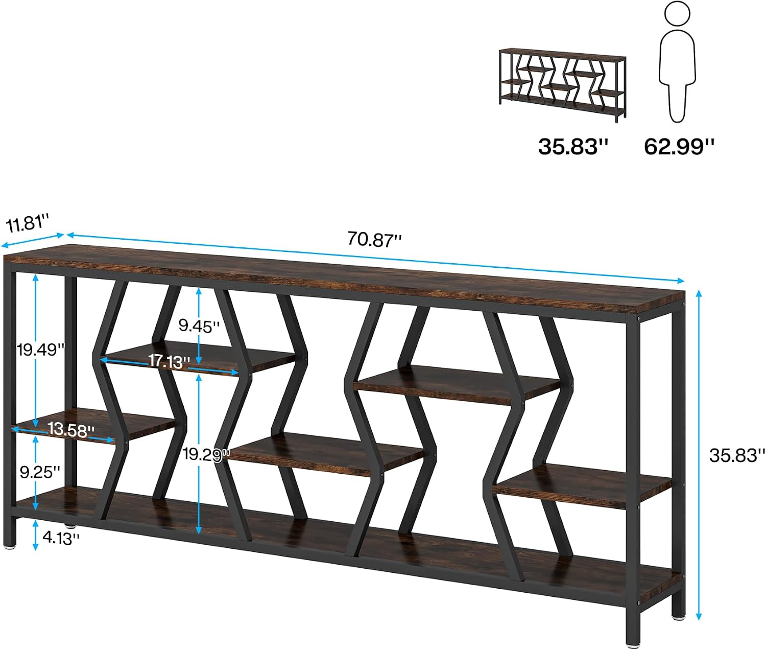 Tribesigns 70.9" Sofa Console Table with Storage Shelves (Rustic Brown) | 4 Tier Industrial Extra-Long Narrow Entryway Accent Tables for Hallway, Living Room, Foyer
