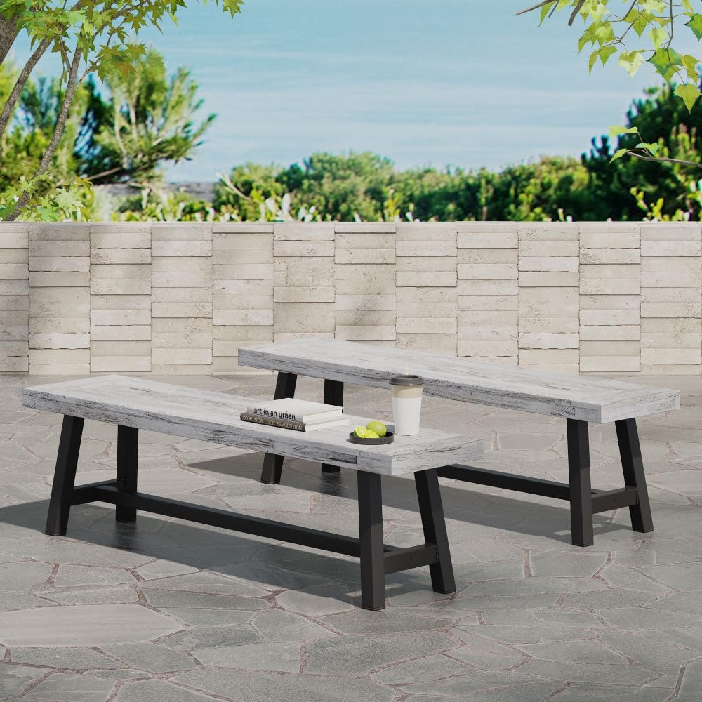 Saiveina Outdoor Carlisle Benches, Sandblasted Brown + Rustic Metal (Set of 2)