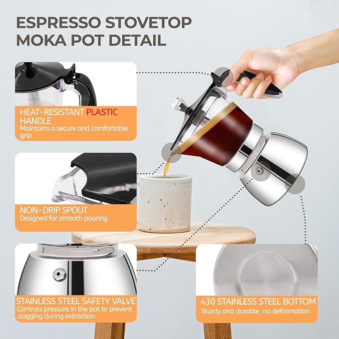 Clear Plastic Moka Pot 6 Cup 300ml Stainless Steel Coffee Maker Uncoated Stovetop Espresso Coffeemaker Italian Classic Style Brewing Greca Cafe Mocha Machine for Cafeteras Camping Travel Home Use