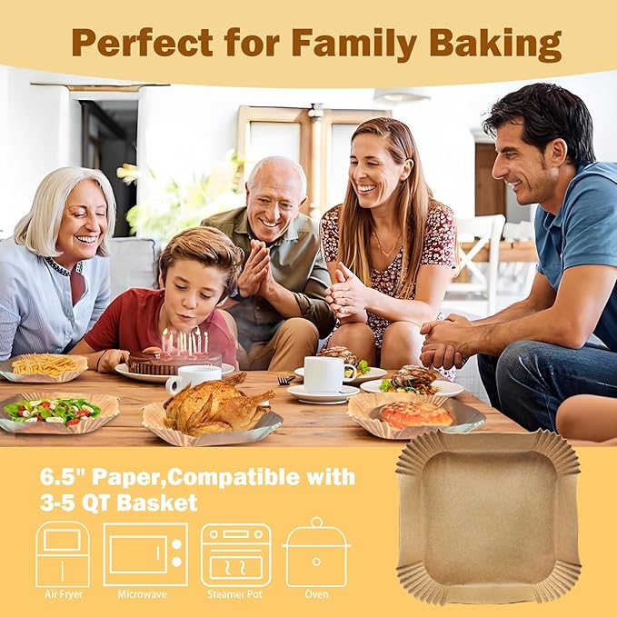 200 Pcs 6.5" Air Fryer Liner,Square Baking Parchment Airfryer Paper Unbleached Disposable Non-stick & Non-Leak & Non-Washing Paper Liner for 3-5 QT Air Fryer Basket