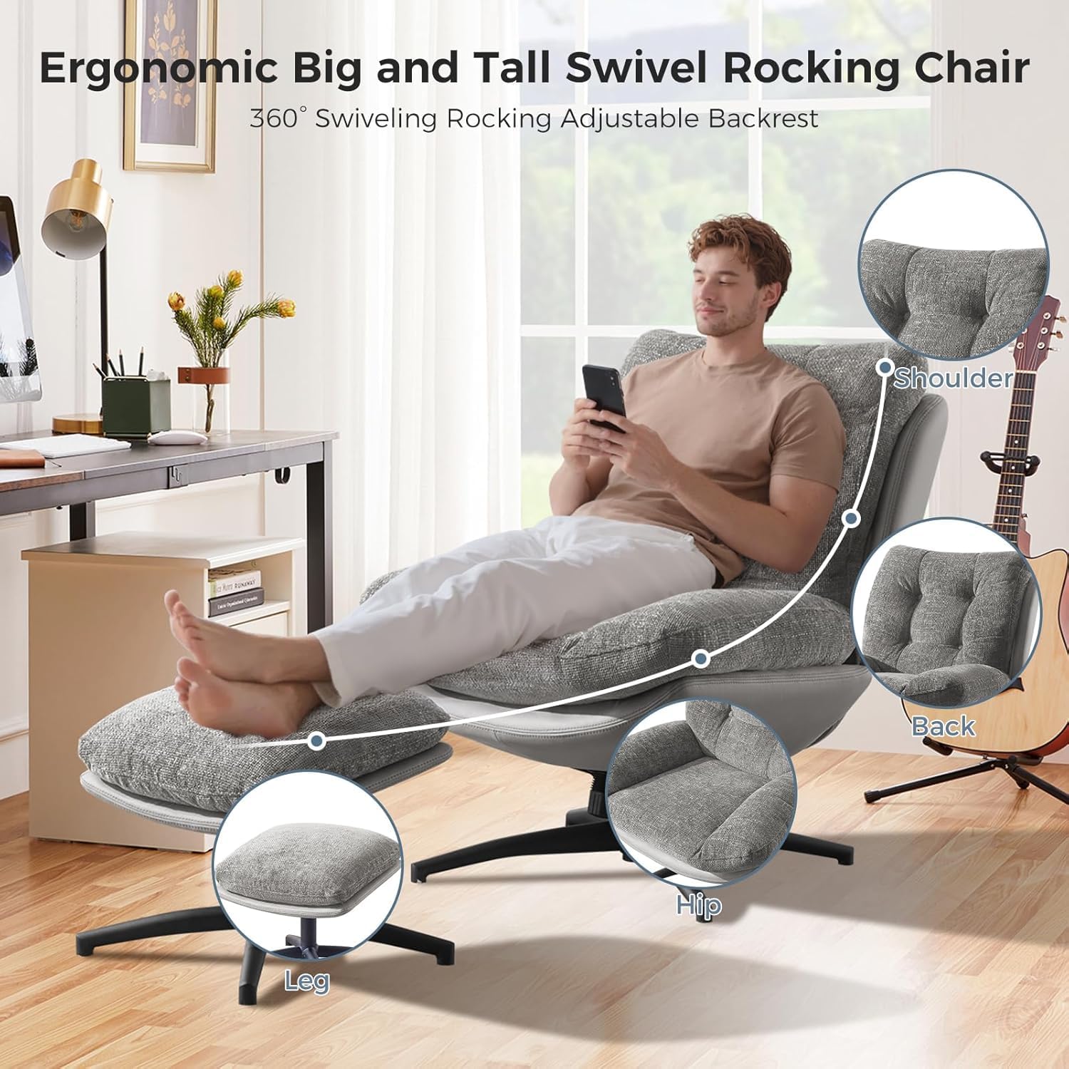 K Knowbody Swivel Accent Chair with Ottoman, 400lbs Capacity & Easy Assembly, Oversized 360° Swivel Rocker Recliner, Comfortable Swivel Chair for Living Room, Bedroom, Office, Grey