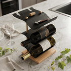 Modern Abstract Wine Rack, Black Metal Wine Holder with Wood Base, 3 Bottle Wine Display Stand for Countertop, Decorative Wine Rack for Home Bar Kitchen Decor, Unique Gift for Wine Lovers
