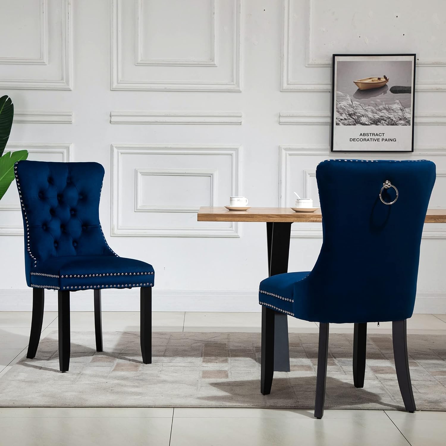 Set of 2 Upholstered Velvet Dining Room Chairs with Nailed Trim and Pulling Ring (Blue)