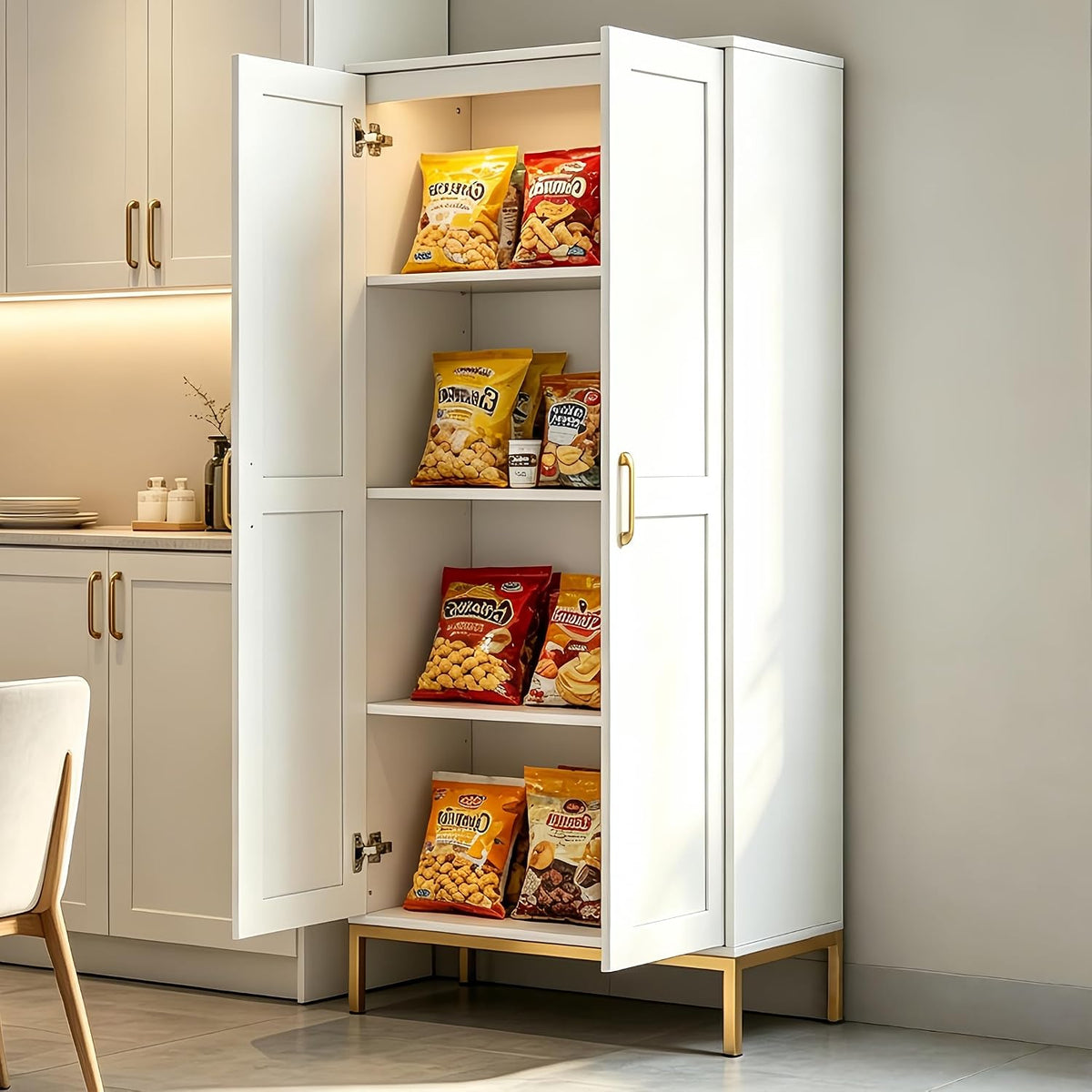 Kitchen Pantry Cabinet,Kitchen Pantry with 2 Adjustable Shelves,4 Shelf Cabinet,Freestanding Floor Cabinet,Unit for Garage Storage,Pantry,Laundry Room,Organization and Storage,White
