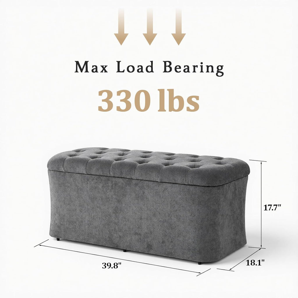 ONBRILL Storage Ottoman Bench, End of Bed Bench, 39.8 x 18.1 x 17.7 Inches Pouf Ottoman Foot Rest, Storage Benches Chest for Bedroom Entryway Living Room, Max 330 lbs, Grey