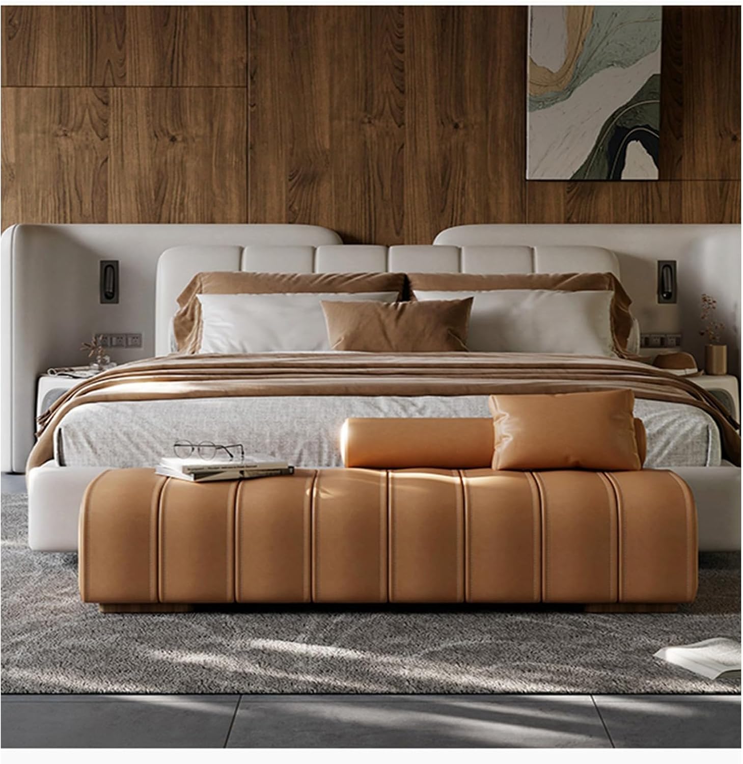 Modern Faux Leather Upholstered End of Bed Bench Modern Long,Rectangular Accent for Living Room Entryway Bedroom Entryway(Orange,120 * 45 * 43cm)