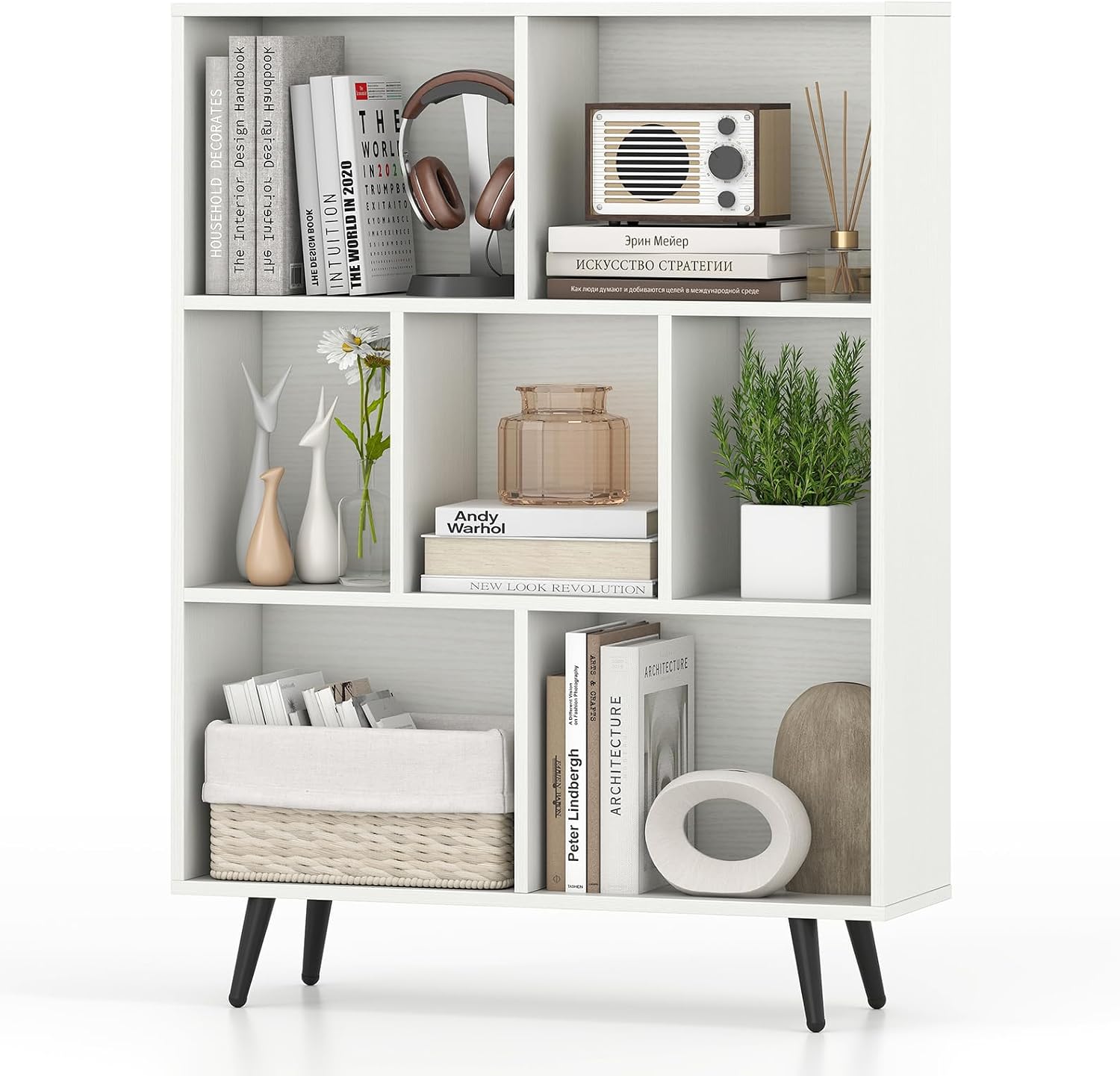 Giantex 7-Cube Bookcase, 3-Tier Modern Bookshelf with 4 Metal Legs, 31.5" Freestanding Open Storage Organizer with 2 Anti-tip Devices, Mid-Century Display Rack for Living Room (31.5" x 9.5" x 42")