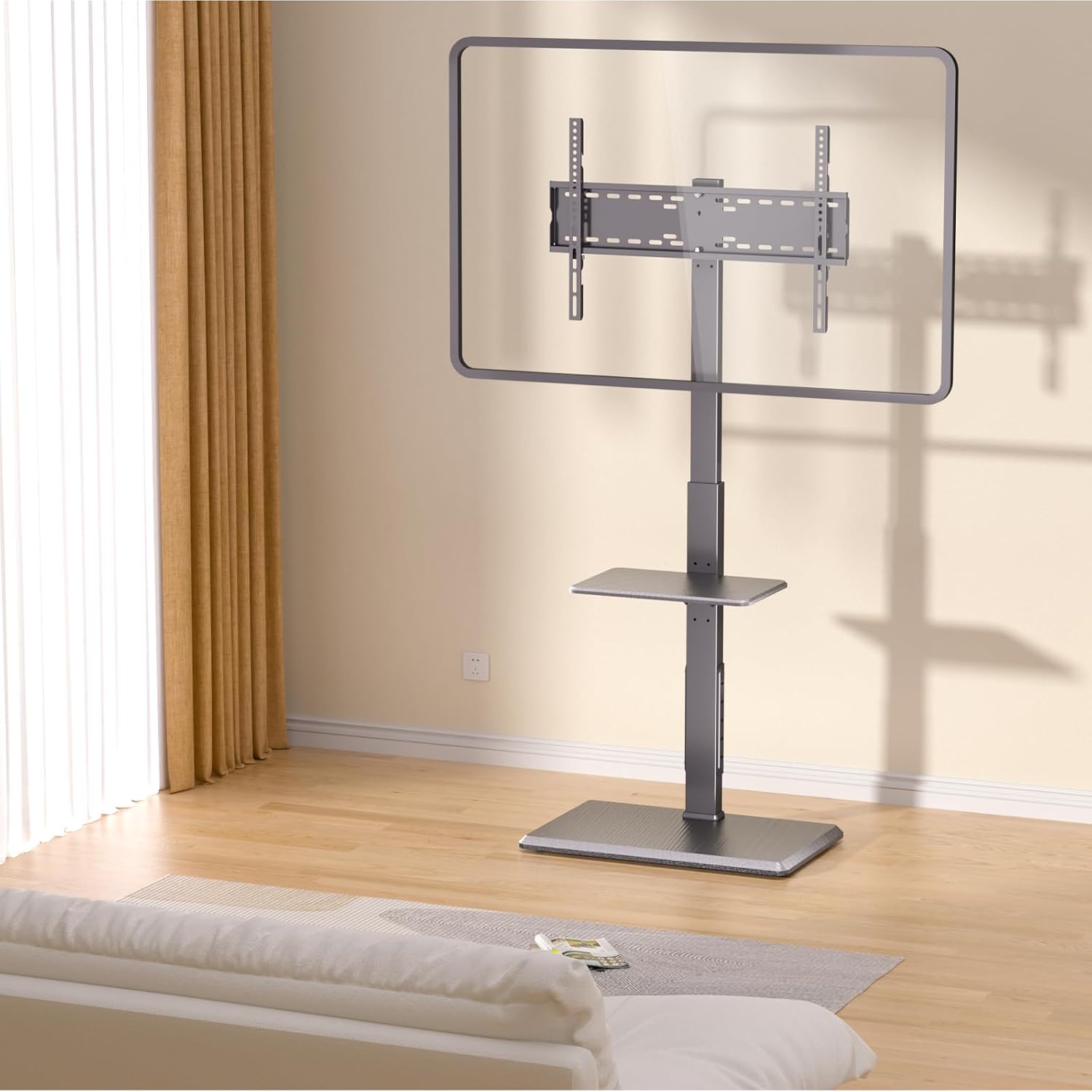TV Floor Stand with Power Outlet & Removable Shelf for 32-75 Inch TVs | 110 lbs Capacity | ±30° Swivel | Height Adjustable | Cable Management | Safety Lock | Ideal for Living Room, Bedroom, Office