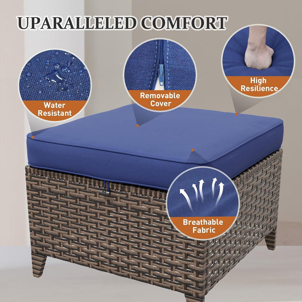 Canyon Ridge Wicker Outdoor Ottomans Set of 2, Patio Ottoman Foot Rest for Couch with Removable Cushions for Patio, Deck, Backyard and Poolside, Brown/Blue