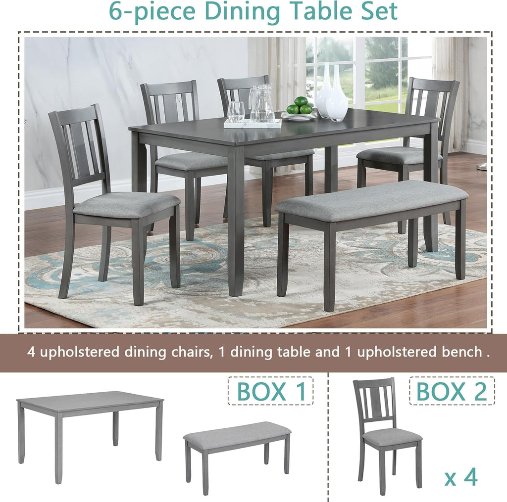 KEIKI 6-Piece Standard Height Dining Table Set with Rectangular Table, 4 Upholstered Slatted Backrset Chair, Bench, for 6 Person, Modern Style Table Set, Easy Assembly, for Kitchen, Dining Room, Gray