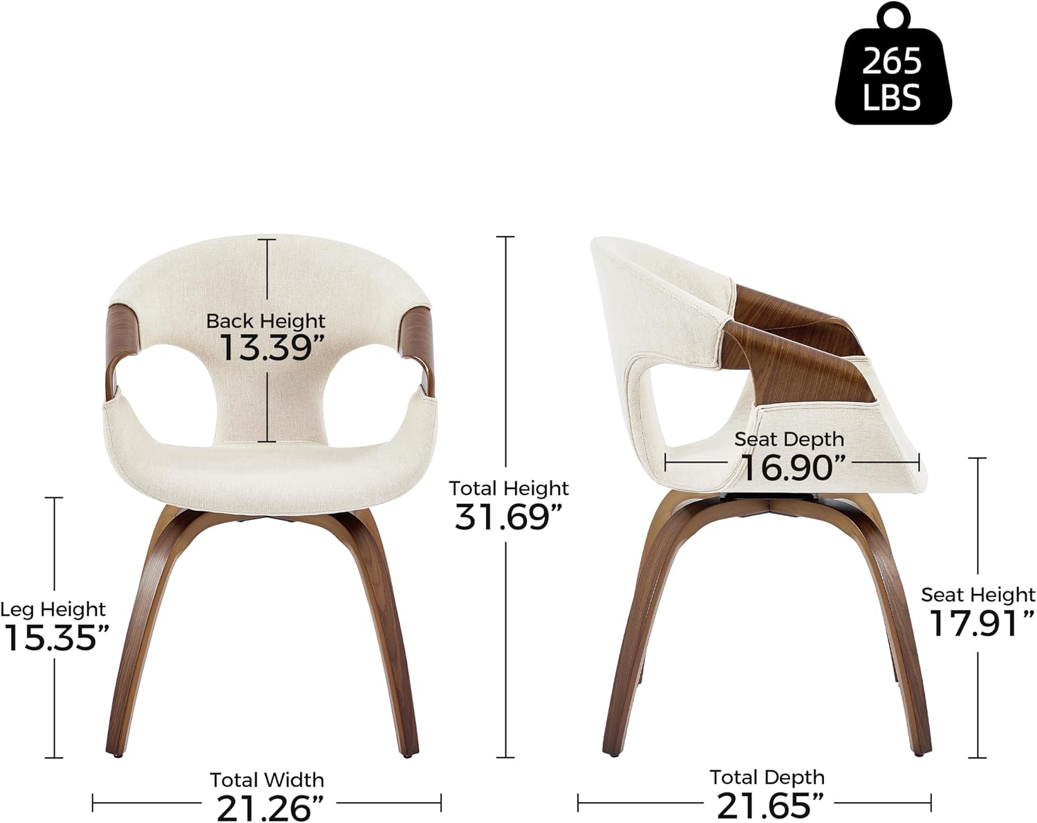 Zouron Mid-Century Swivel Dining Chair, Fabric Upholstered Accent Chairs with Bentwood Arms & Legs, Padded Armchair with Backrest for Kitchen, Dining Room, Living Room, Beige