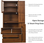 Tall Kitchen Hutch Cabinet with Pull-out Shelves, Storage Drawers, Glass Doors Freestanding Cable Management Pantry Large Kitchen Cupboard for Dining Room with Microwave Countertop Walnut Finish