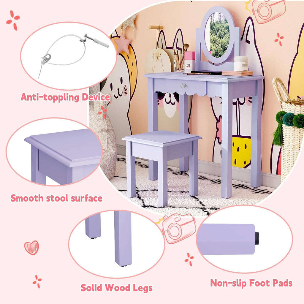 HLR Kids Vanity Set with Mirror Stool and Drawer for Little Girls, Purple | Girls Vanity Set, Wooden 2 in 1 Princess Makeup Desk Dressing Table with Detachable Top, Toddler Vanity Dresser Set