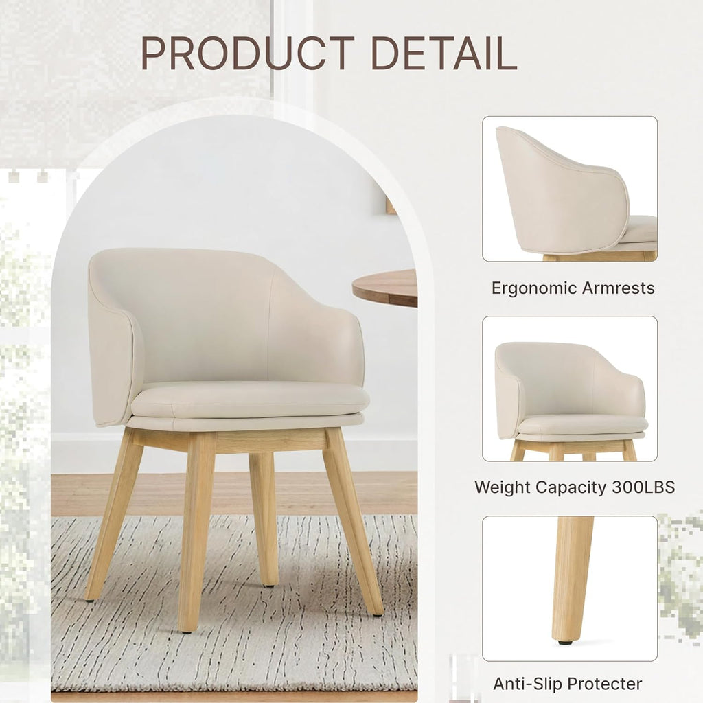 KISLOT Wooden Dining Chairs Set of 2, Faux Leather Upholstered Modern Dining Room Chairs with Barrel Backrest & Double-Layer Thick Cushion for Living Room, Restaurant, Kitchen and Café, Beige