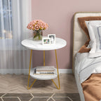 Tribesigns 2 Tier Round Side Table, Faux Marble End Table with Shelf, Small Gold Accent Nightstand for Living Room, Bedroom or Couch Side, White and Gold