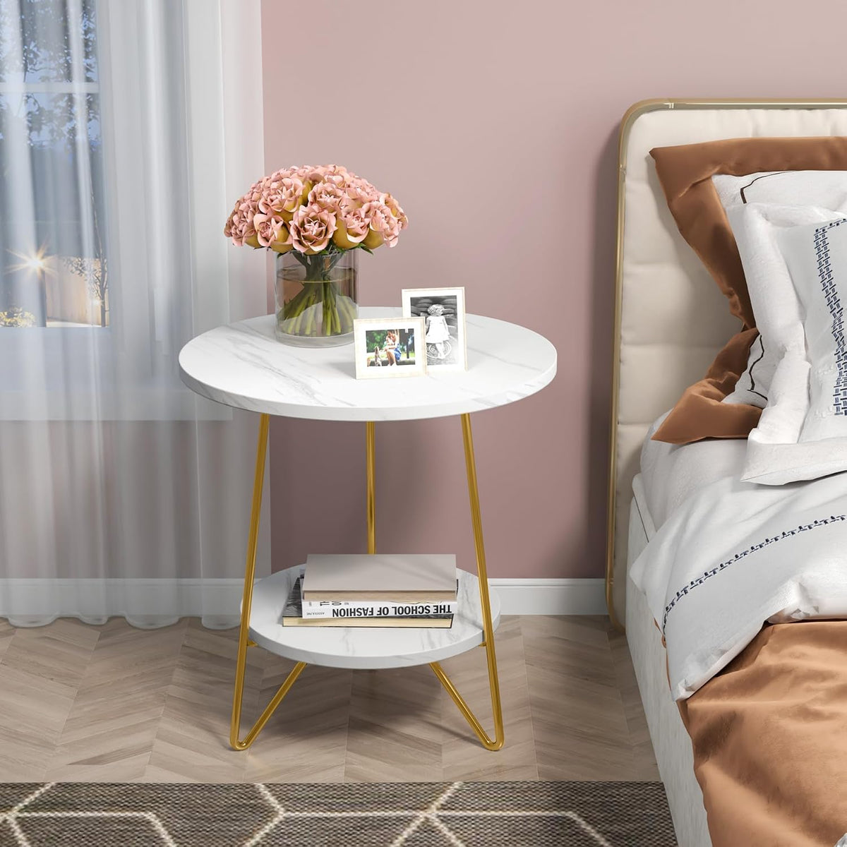 Tribesigns 2 Tier Round Side Table, Faux Marble End Table with Shelf, Small Gold Accent Nightstand for Living Room, Bedroom or Couch Side, White and Gold