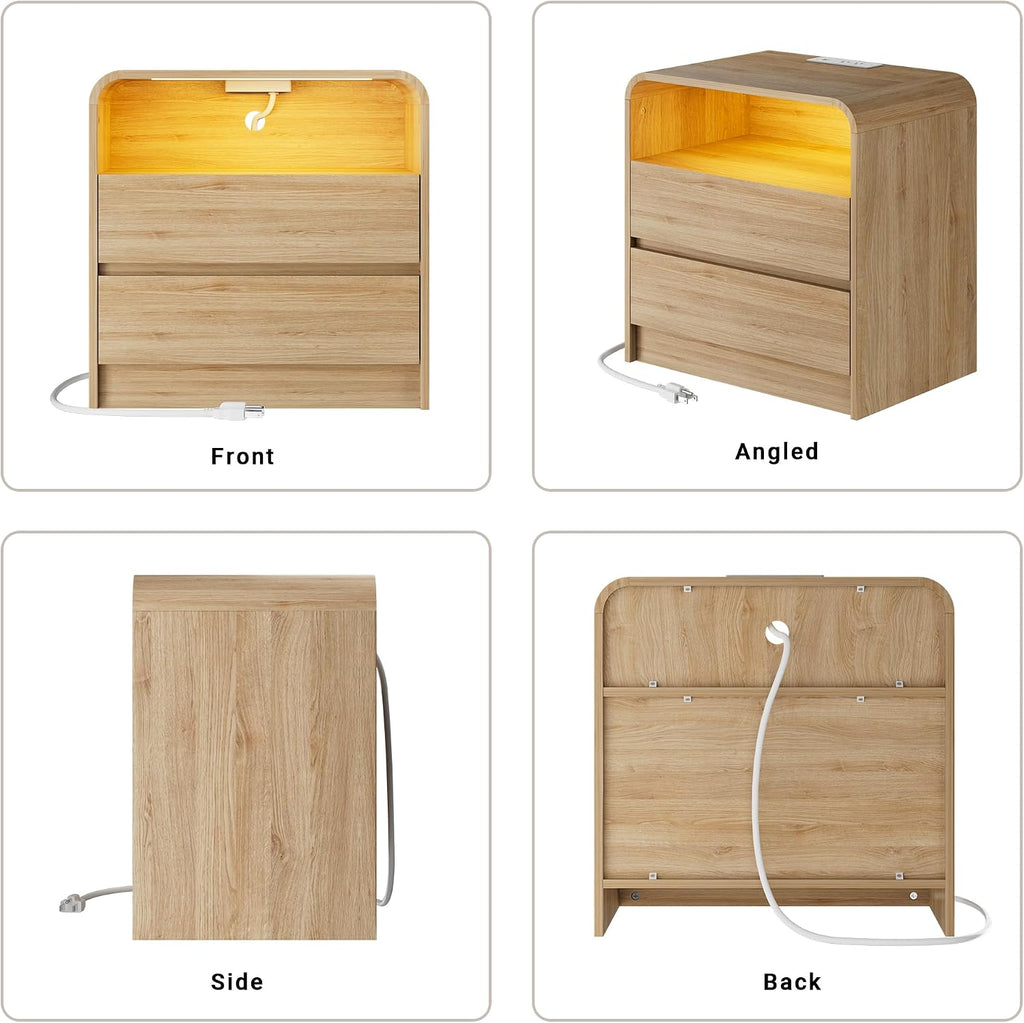23"W 2 Drawer Nightstand with Charging Station and RGB LED Light | Curved Profile, Natural Oak, Handleless, Bedroom, FSC-Certified Wood, Modern, Open Shelf, Night Stand, End Table