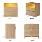 23"W 2 Drawer Nightstand with Charging Station and RGB LED Light | Curved Profile, Natural Oak, Handleless, Bedroom, FSC-Certified Wood, Modern, Open Shelf, Night Stand, End Table