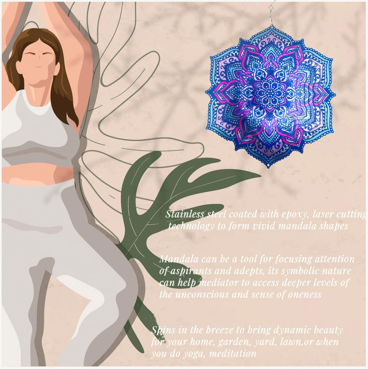Mandala Wind Spinner Outdoor Mental Wind Spinner for Yard, Garden, Meditation, Yoga Decor Hanging Lawn Ornaments 3D Visual Effect (Mandala, 12''-1pc)