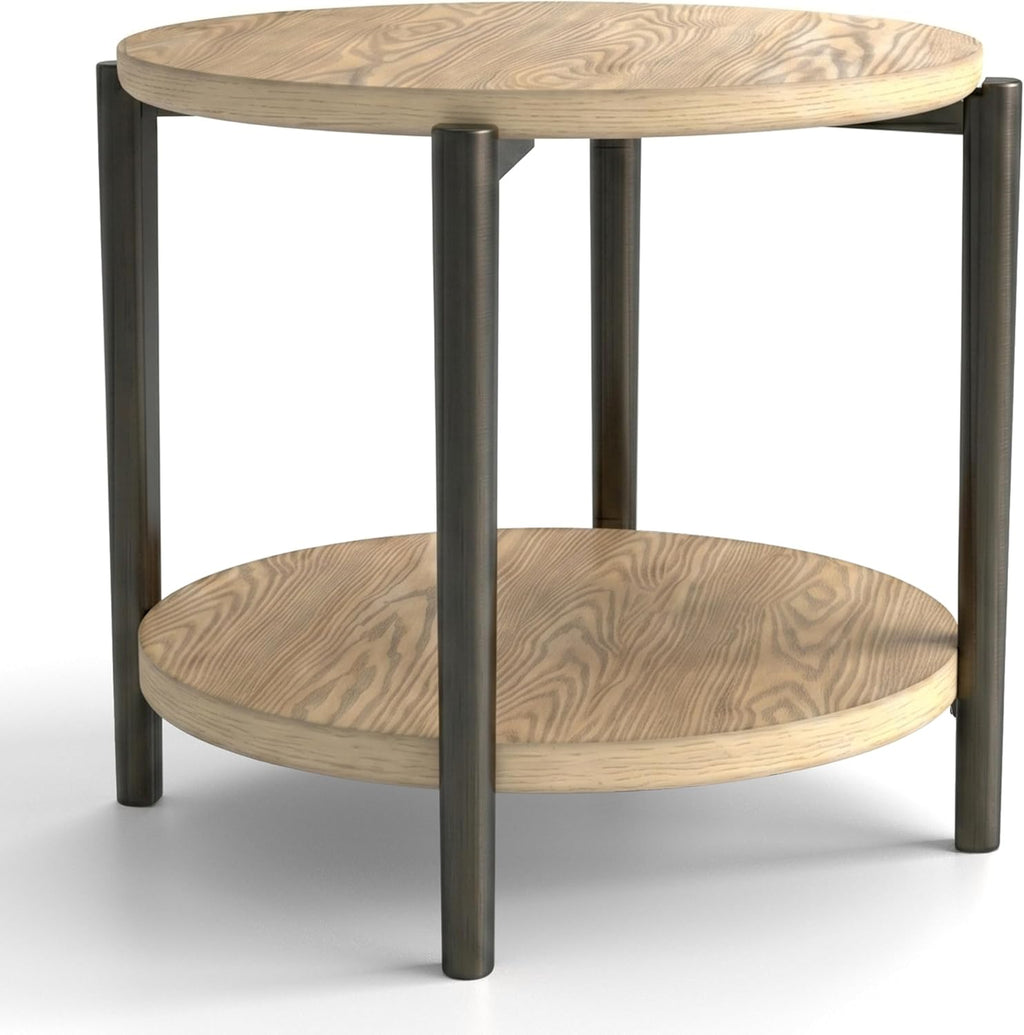 Furniture of America Onos Modern Solid Wood 26.6-inch Round End Table with Open Bottom Shelf, Metal Legs for Living Room, Natural