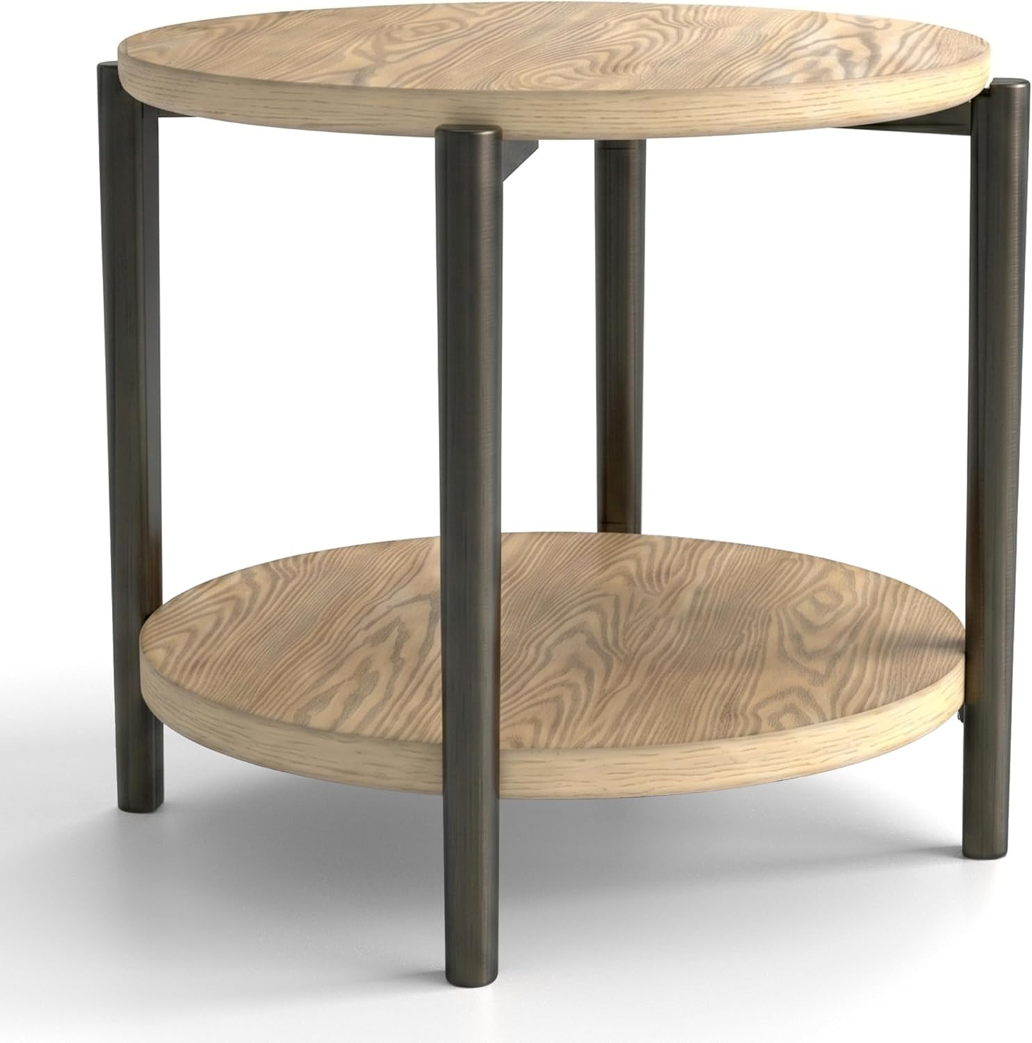 Furniture of America Onos Modern Solid Wood 26.6-inch Round End Table with Open Bottom Shelf, Metal Legs for Living Room, Natural