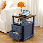 MUUEGM 18" End Tables for Living Room Farmhouse Night Stand with Charging Station Navy Blue Side Tables for Bedroom with 2 Drawers Bedside Table Rustic Wood