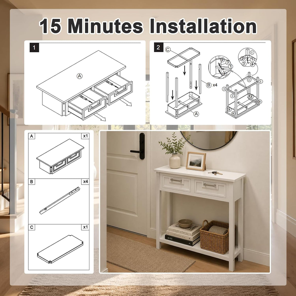 GOFLAME Small Console Table with 2 Drawers, 31” Entry Table with Storage Shelf, Modern, Narrow Sofa Table for Living Room, Hallway, Entrance (White)