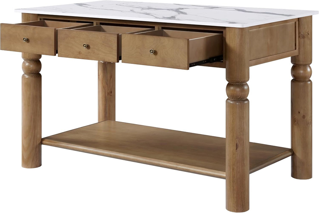 Christopher Knight Home Athen Wooden Kitchen Island with Storage & Marble-Look Tabletop, Island Table for Kitchen, Turned Ball Legs, Storage Cabinet with Drawers + Open Shelf, Walnut + White