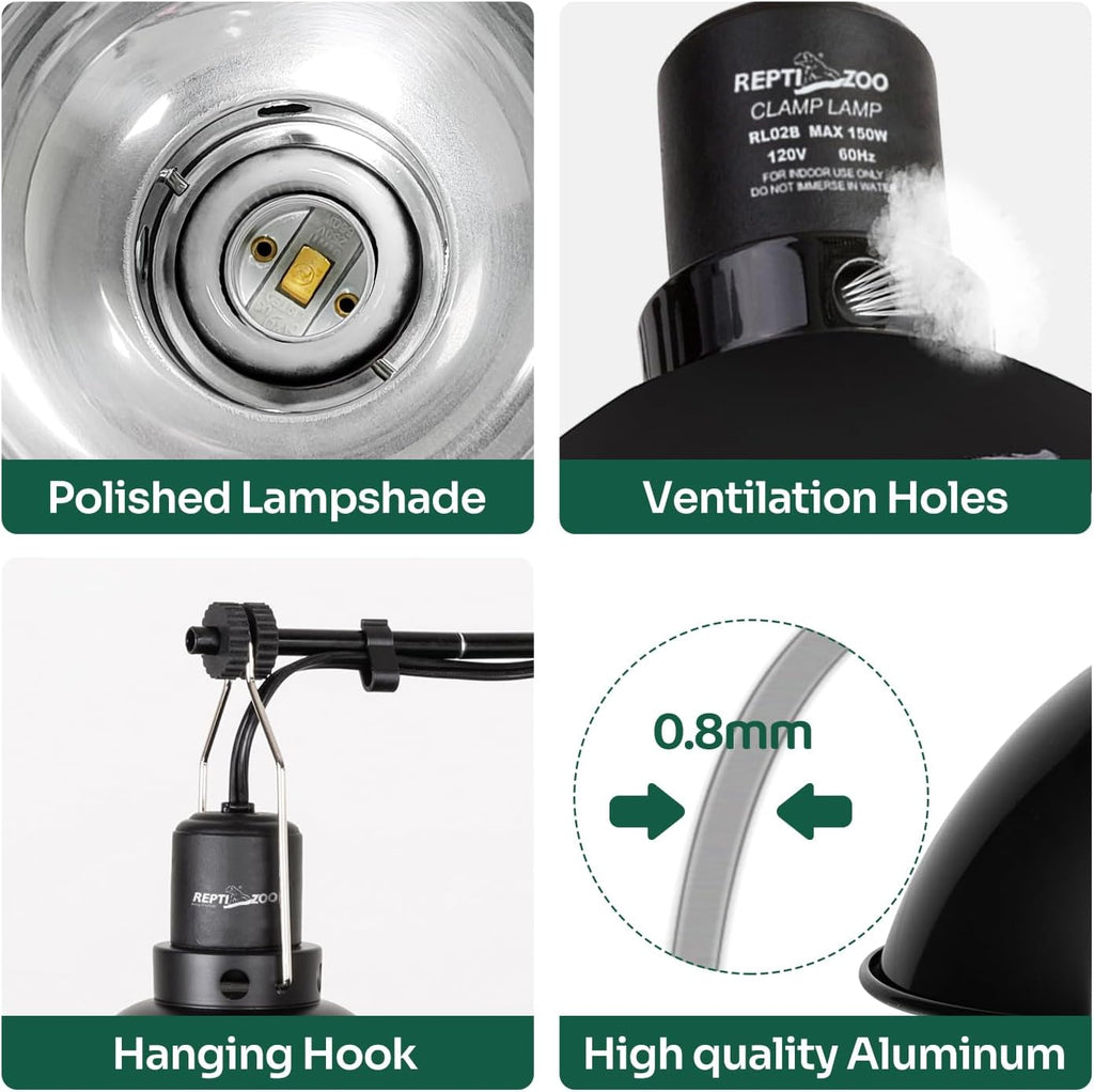 REPTI ZOO Reptile Light Fixture Dimming Thermostat Combo Pack, 8.5 Inch Deep Dome Lamp Fixture Max 150W, PID Reptile Thermostat Temperature Controller for Reptile Heat Lamp Bulb