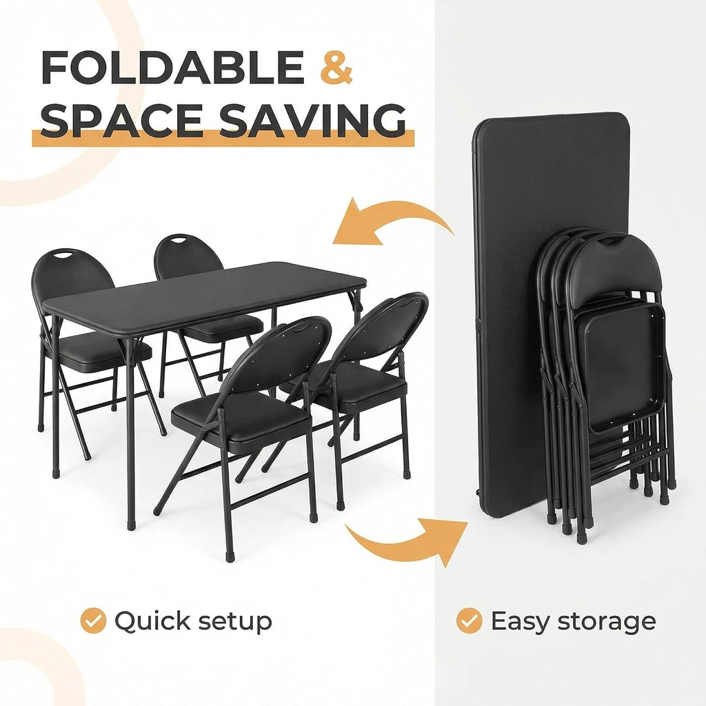 IDEALHOUSE 5 Piece Protable Folding Card Table and Chairs Set, Black | Foldable PU Upholstered Table and Chairs Set of 5, Metal Frame, for Dining Room, Living Room, Office, Camping