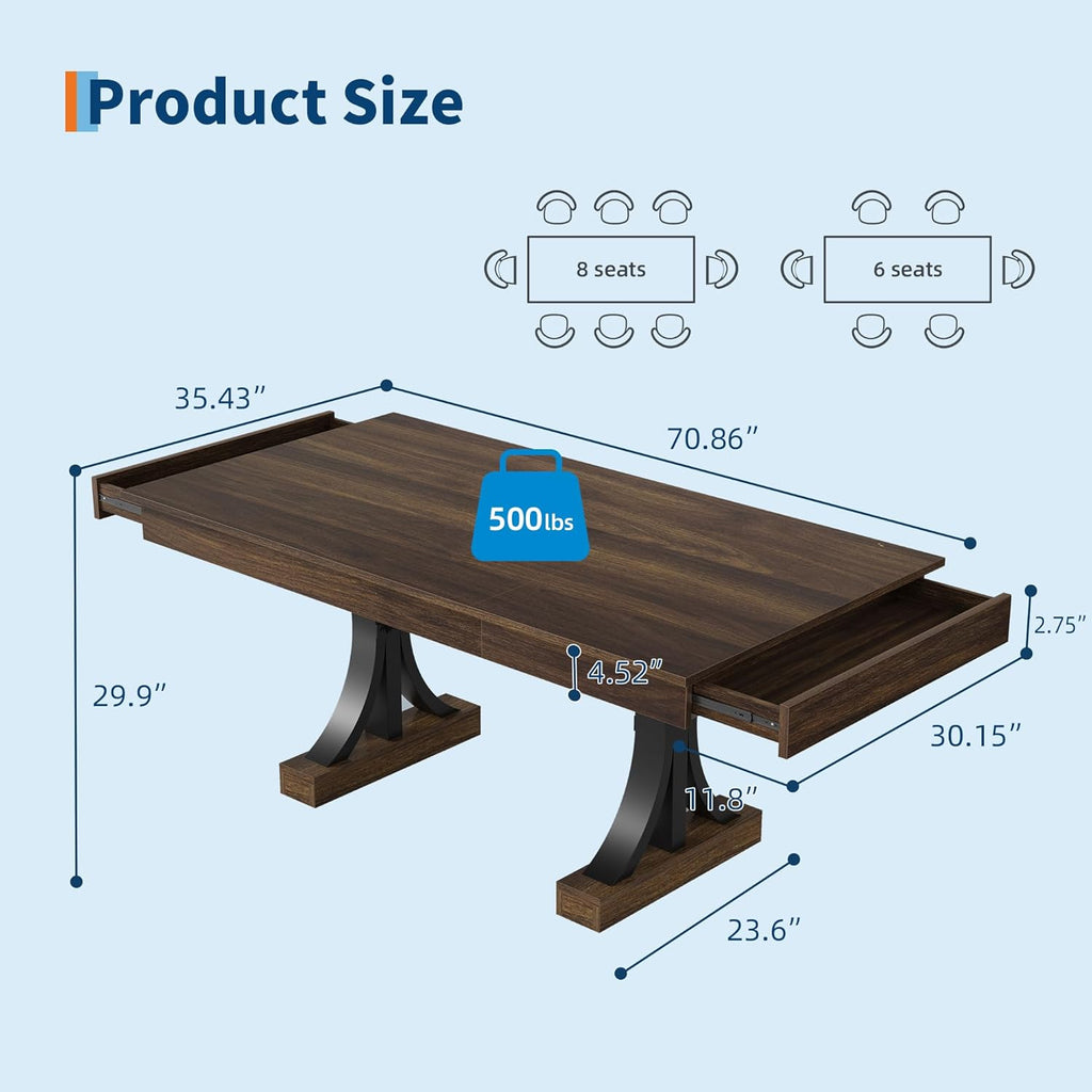 Garvee 71-Inch Dining Table with 2 Drawers,Rectangular Dining Table for 6-8 with Double Pedestal & Sturdy Frame, Industrial Wooden Kitchen Table with Large Tabletop, for Dinner, Walnut