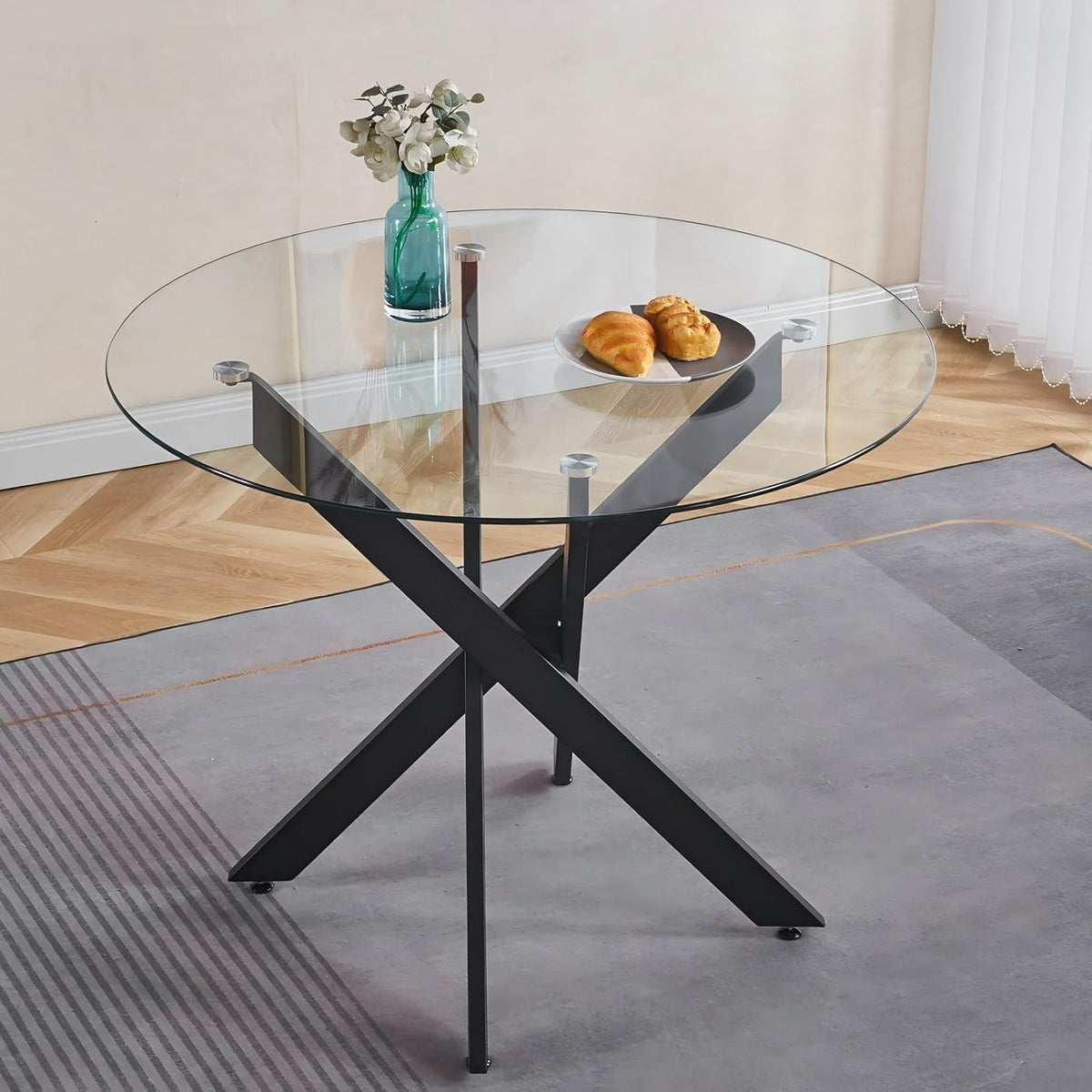 35.4" Round Glass Dining Table with Cross Metal Legs, Modern Small Kitchen Table for 2-4 People, Clear Tempered Glass Top Circle Dining Table for Living Room, Apartment, Black